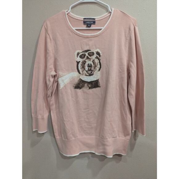 Pink aviator bear graphic knit sweater 100% supima cotton by Land's End size L - Picture 1 of 11